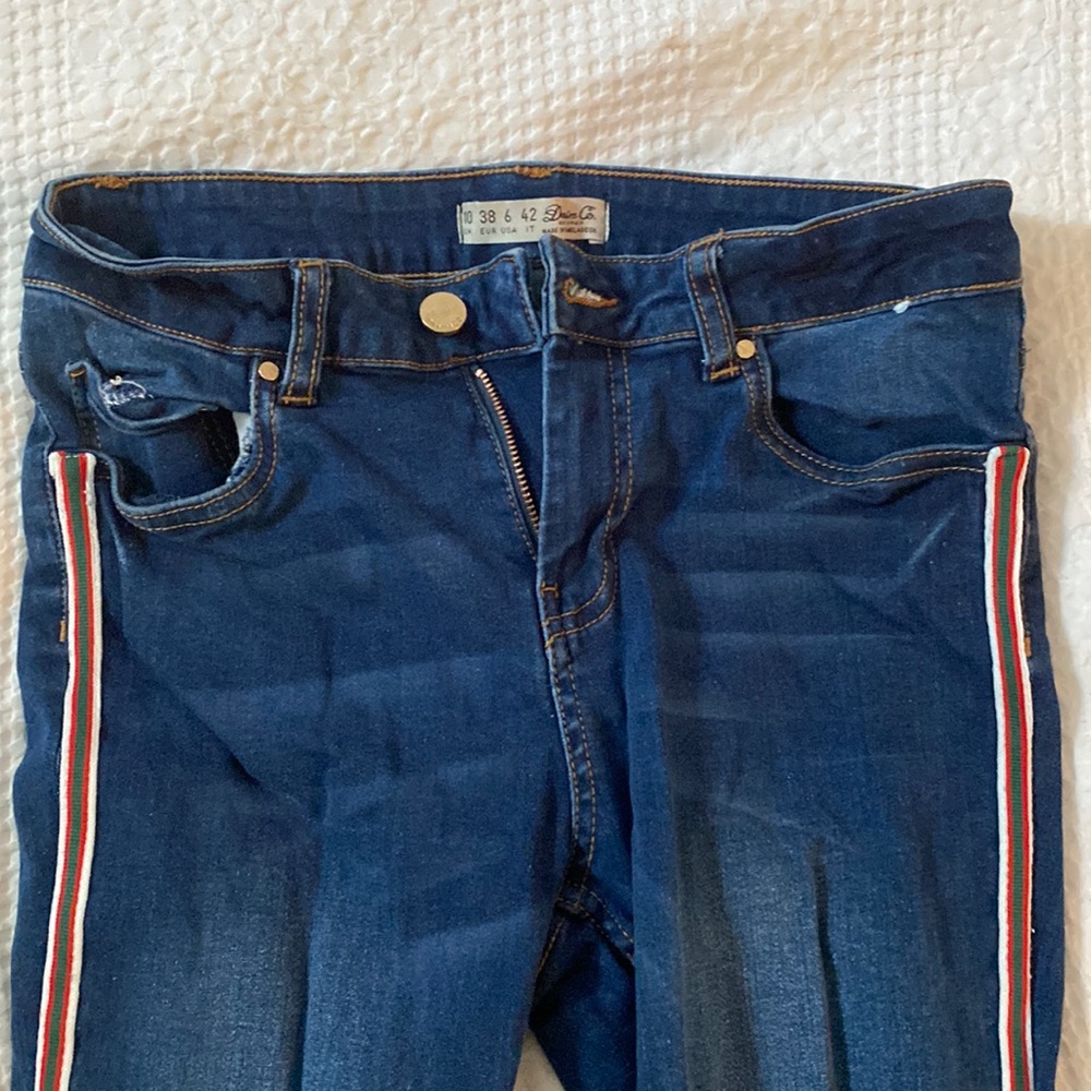 Blue Skinny Jeans with Red Stripes